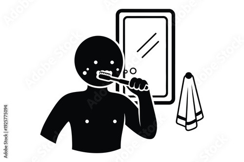 Person Brushing Teeth Silhouette, Morning Routine, Bathroom Mirror