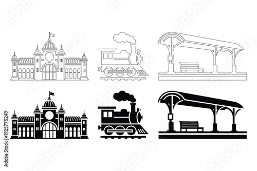 Vintage Train Station and Steam Engine Silhouettes