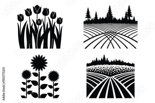 Floral and Landscape Silhouettes: Tulips, Sunflowers, Fields