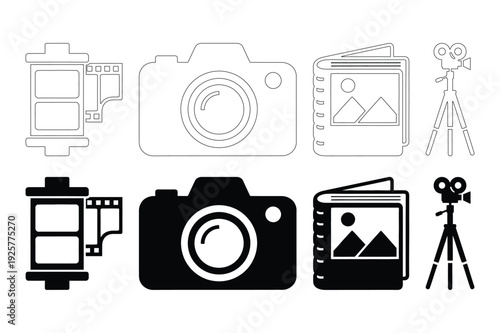 Photography Icons: Film Roll, Camera, Photo Album, and Camera