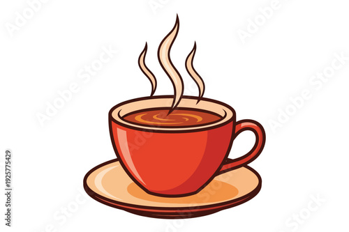 Steaming coffee cup and saucer in red and beige