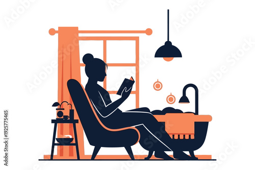 Woman reading book in armchair by window and bathtub