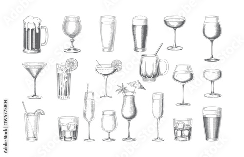 Vintage hand drawn cocktail glass set with citrus garnish and straws. Engraving style drink Vector illustration.