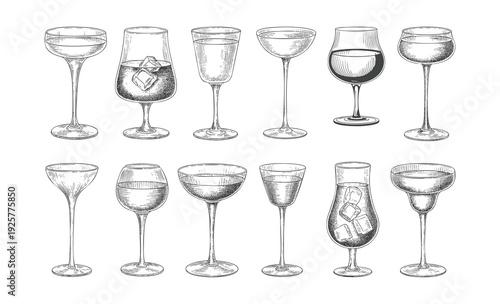 Vintage hand drawn cocktail glass set with citrus garnish and straws. Engraving style drink Vector illustration.