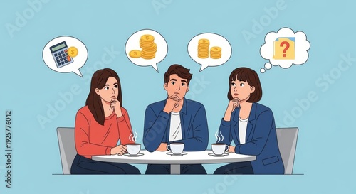 Three people ponder financial planning, education costs, and future investments, seeking solutions.