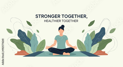 Vector illustration of woman meditating with leaves