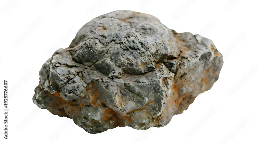 Obraz premium Rough grey and orange rock isolated on a white background, showcasing natural texture and earthy tones