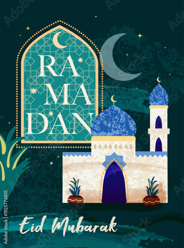 Eid Mubarak, Ramadan celebration vertical  poster, banner, greeting card, vector illustration
