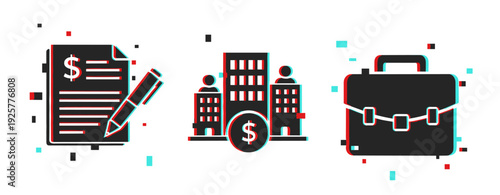 Business concept: document, office building, briefcase with glitch effect