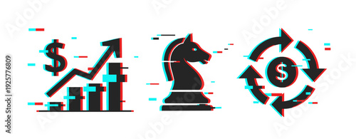 Glitch style business icons: growth chart, chess strategy, currency exchange