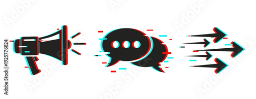 Digital communication symbols: megaphone, speech bubbles, and arrows with glitch effect
