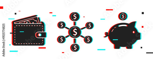 Digital finance icons: wallet, currency distribution, piggy bank with glitch effect