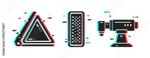 Glitch art: triangle, rectangle, and camera in retro 3d style