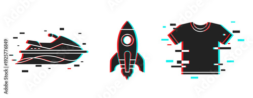 Digital glitch art: jet ski, rocket, and t-shirt in neon red and blue