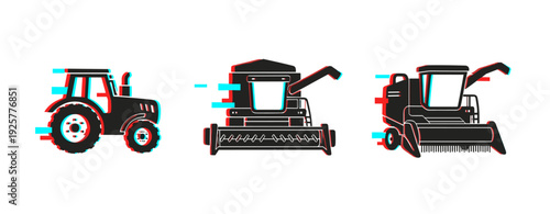 Stylized tractor and combine harvesters with digital glitch effect on white background