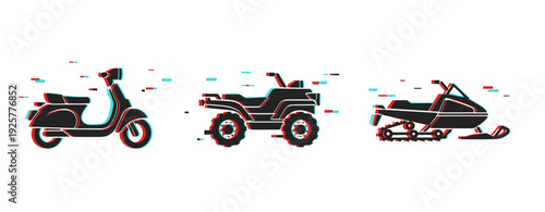 Motorbike, atv, and snowmobile: stylized digital design with glitch effects