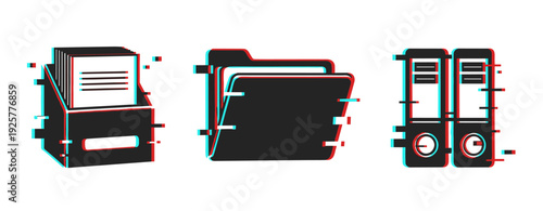Glitch art of file box, folder, and binders with 3d effect