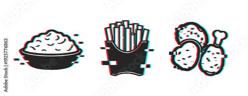 Glitch art: rice bowl, french fries, fried chicken icons in abstract distortion