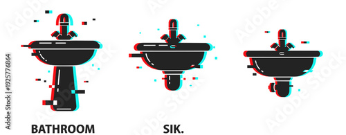 Glitch effect on different sink styles in bathroom design art