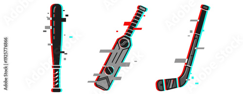 Digital glitch art of baseball, cricket, and hockey equipment