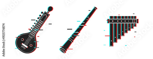 Digital glitch art of string, wind, and percussion instruments