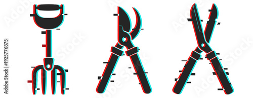 3d effect on gardening tools: rake, pruner, shears in red and blue anaglyph style