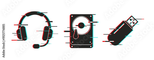 Glitch art of headset, hard drive, and usb flash drive in rgb colors