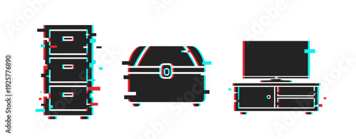 Minimalist glitch effect: cabinet, chest, and tv stand silhouettes