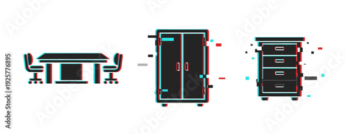 Glitch art of home furniture with table, wardrobe, and dresser