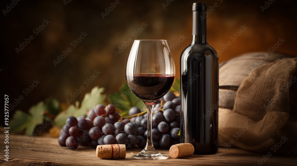 Obraz premium Red wine sits in a glass next to a bottle and grapes on a wooden table during evening light