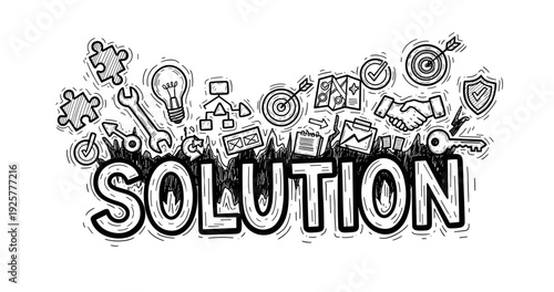 Creative doodle solution theme with puzzle, lightbulb, gear, and target icons