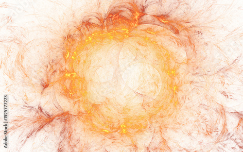 Abstract 3d rendering illustration of fiery orange explosion with glowing Light and smoke texture background