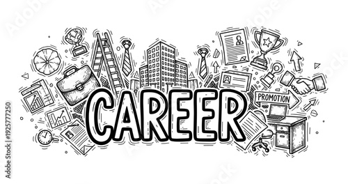 Career growth and success concept with doodles of office themes and business elements