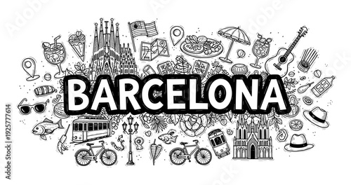 Barcelona doodles: iconic symbols and landmarks in black and white