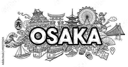 Osaka landmarks: castle, ferris wheel, torii, temples, and bridge doodle art