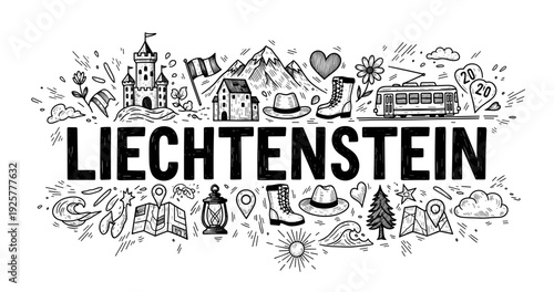 Liechtenstein doodles: castles, mountains, tram, and cultural icons in black and white