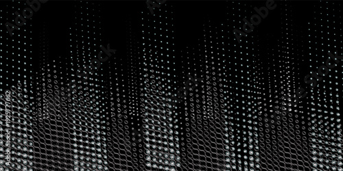 Abstract cityscape illustration with white dotted buildings against a black background.