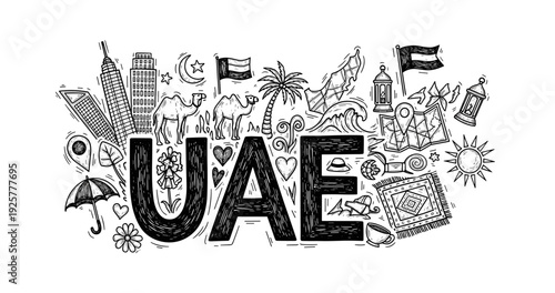Uae doodle art with icons of culture, landmarks, and traditions