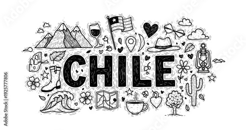 Chile doodle art: landmarks, culture, and nature sketch illustration