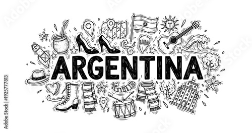 Argentina doodle art: cultural symbols and landmarks in black and white