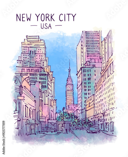Architecture sketch illustration of Manhattan, New York, USA. Freehand drawing. An urban colorful landscape big city downtown. Watercolor Digital Drawing of the street. Skyscrapers American City