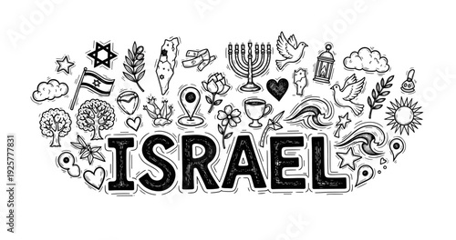 Israel doodle art with landmarks, nature, and culture icons in black and white
