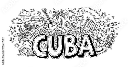 Black and white cuba doodle with tropical and cultural elements
