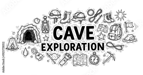Cave exploration icons: helmets, boots, backpacks, maps, lanterns in hand-drawn style