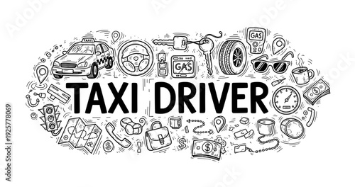 Taxi driver themed doodle art with taxi, key, gas station, traffic lights, currency symbols