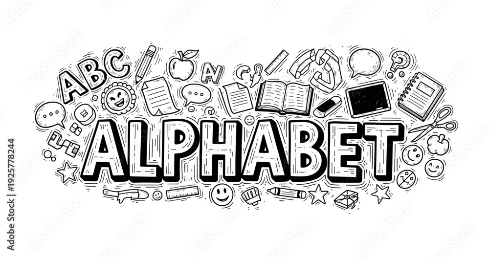 Fototapeta premium Fun hand-drawn alphabet doodles with educational elements and icons