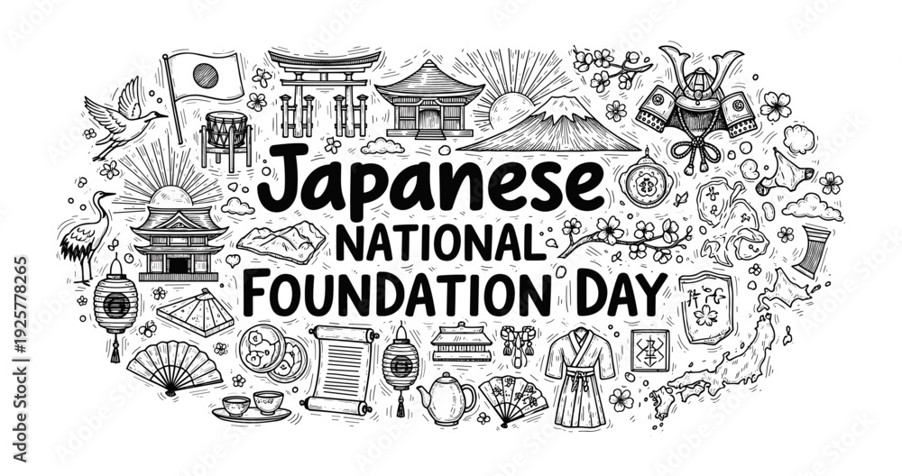 Fototapeta premium Japanese national foundation day illustrations: traditional symbols and cultural icons