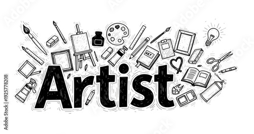Artistic tools sketch surrounding bold artist text in black and white