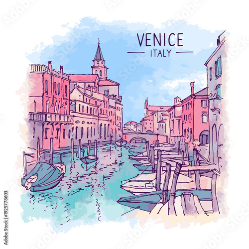Architecture sketch illustration. An urban colorful landscape of Venice, Italy. Freehand digital drawing of canal, gondola. Hand drawn travel postcard, poster. Watercolor background. Painting. Vector