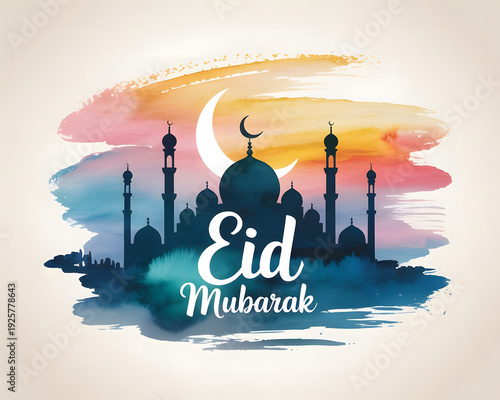 Silhouette mosque vector illustration in a night city skyline with moon and urban landscape design